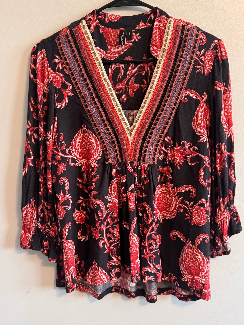 Bl^nk London Small Floral Boho Peasant Blouse Crochet Trim Bell Sleeve